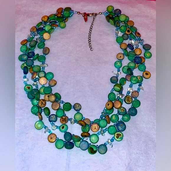 Vintage NY & Co Turquoise Abalone Shell Multi Stranded Necklace w/Clear Quartz - Picture 4 of 5